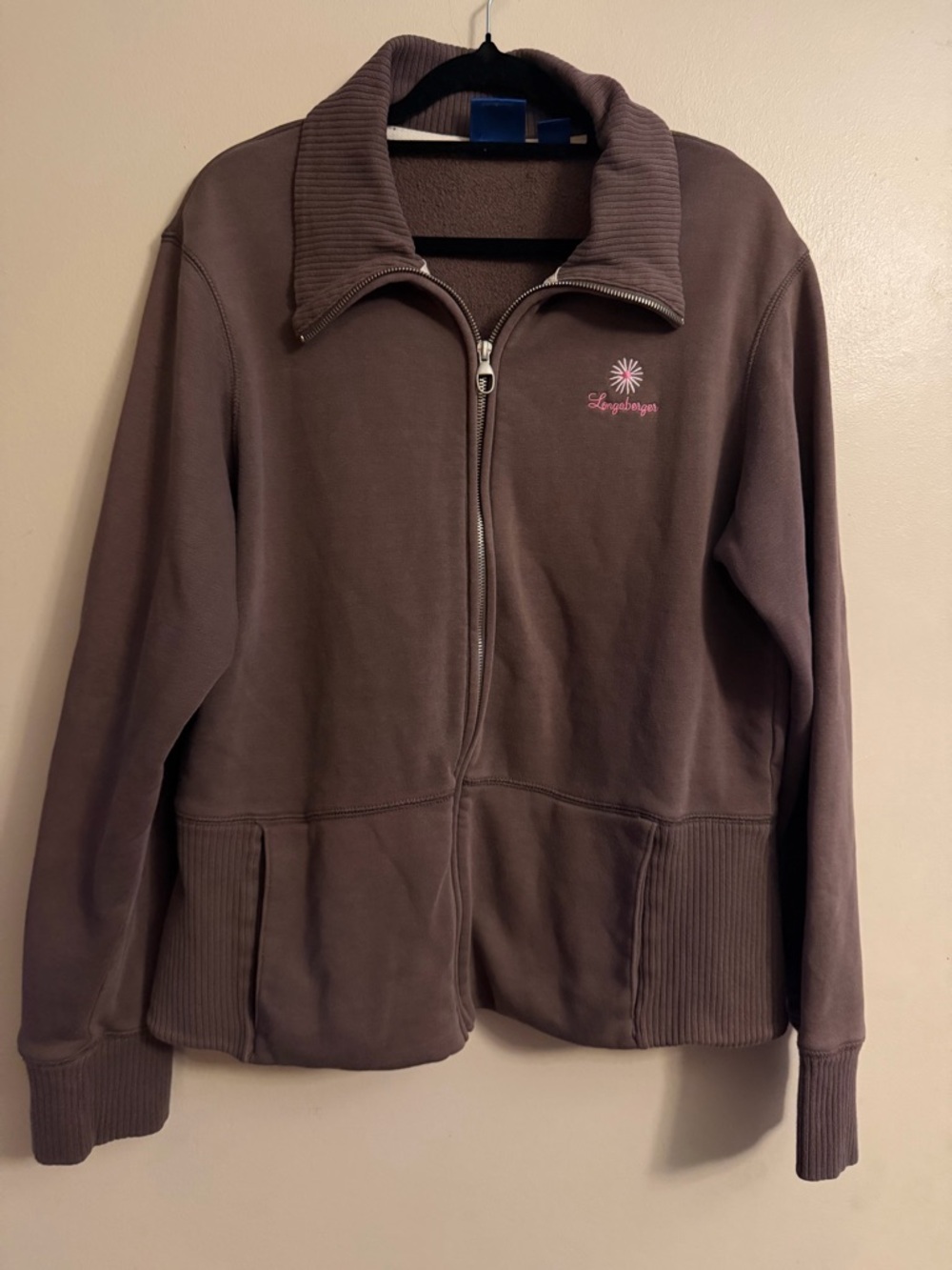 Longaberger Brown Zip-Up Sweatshirt with Pink Embroidery